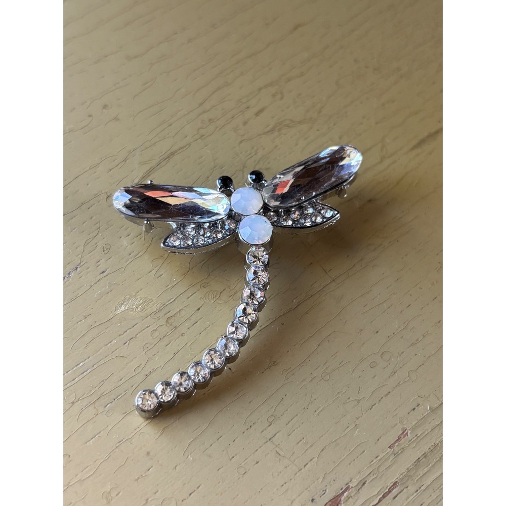Silver Tone Dragonfly Brooch Pin Clear Rhinestone Crystal Insect Jewelry